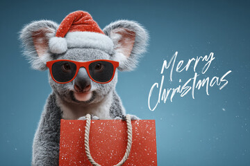 A cute koala wearing a festive hat and cool sunglasses holds a red shopping bag against a blue backdrop