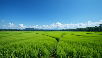 Obraz premium Lush Green Rice Fields Under a Clear Blue Sky with Gentle Clouds