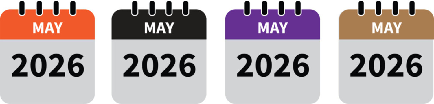 May 2026 calendar in four different colors. 2026 may calendar icon set in colorful . may month flat calender icon set isolated on white background.