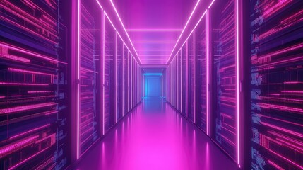 Server room corridor with neon cyberpunk data streams