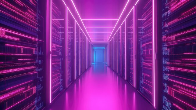 Server room corridor with neon cyberpunk data streams - Powered by Adobe