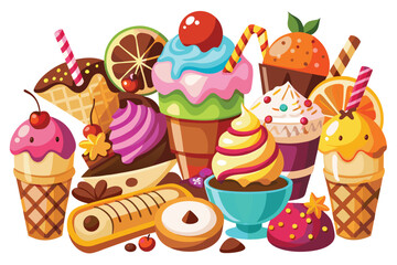 An assortment of colorful desserts including ice cream cones, doughnuts, and pastries are arranged together
