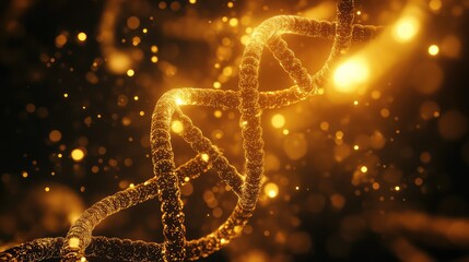 Glowing golden dna helix structure indicating genetic research