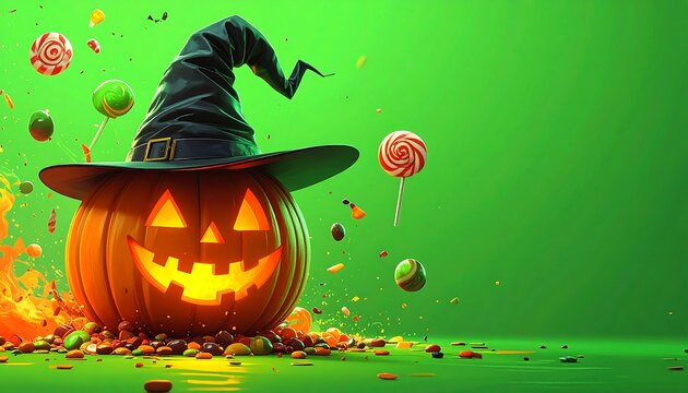 A glowing carved pumpkin wears a witch hat, surrounded by flying lollipops and candies on a green background
