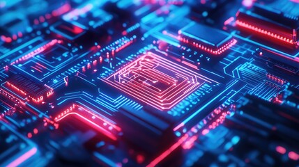 Electronic circuit board processing data with glowing neon lights
