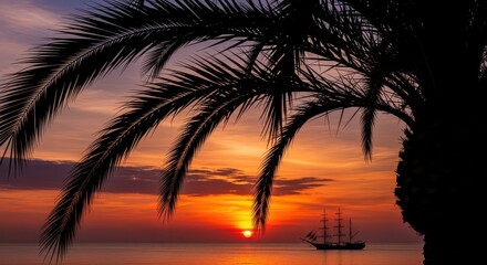 Silhouette of palm fronds against a dramatic sunset sky with a sailing ship on the horizon