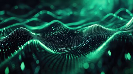 Green digital wave connecting particles forming network technology background