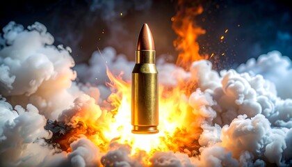 A golden bullet ascends amidst swirling white smoke and vibrant orange flames against a dark backdrop