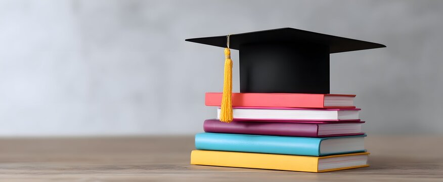 The graduation cap proudly crowns blue books evoking triumph and cherished success