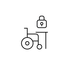Wheelchair user at work desk and lock. Accessibility and inclusivity at workplace. Pixel perfect, editable stroke vector icon
