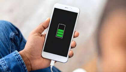 Person charging smartphone, battery icon displaying full charge, symbolizing readiness and power for modern life.