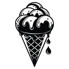 Black silhouette illustrates a melting ice cream cone, creating a bold contrast with dripping swirls