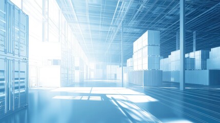 Future logistics warehouse with shipping containers and blueprint structure