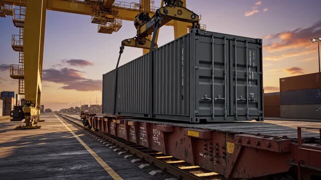 Port gantry crane loading gray cargo container onto freight train car at sunset. Intermodal logistics and global shipping concept.
