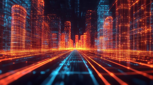Futuristic digital cityscape showing data network transformation