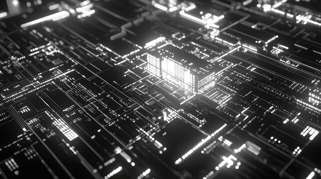 Circuit board processing digital data in monochrome - Powered by Adobe