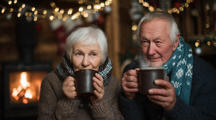 Elderly couple enjoying warm drinks in cozy cabin with fireplace and festive lights, wrapped in scarves during winter evening