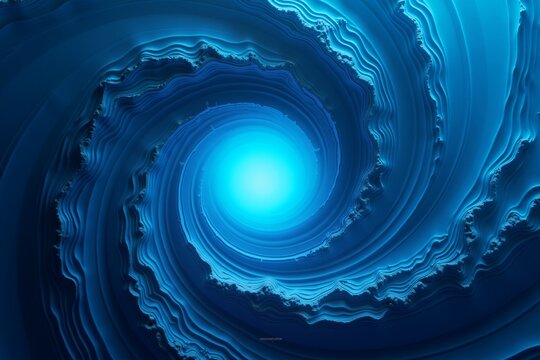 Deep blue spiral vortex, radiant center, layered rings, fractal depth, cosmic energy flow, mesmerizing abstract oceanic swirl.