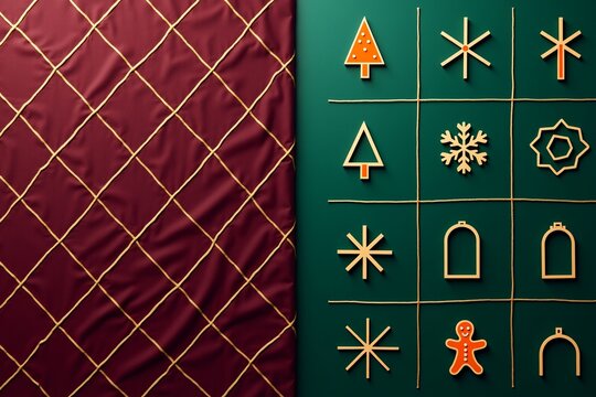 Christmas tic-tac-toe game on green board, wooden symbols. Red quilted background. Festive holiday theme.