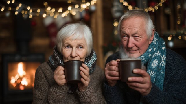 Elderly couple enjoying warm drinks in cozy cabin with fireplace and festive lights, wrapped in scarves during winter evening - Powered by Adobe