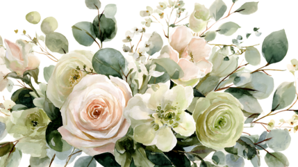 Soft pastel watercolor floral arrangement of roses and eucalyptus leaves isolated on transparent background