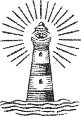 Mystic lighthouse with all seeing eye and radiant beam, stipple vector occult engraving for esoteric sea themed poster design
