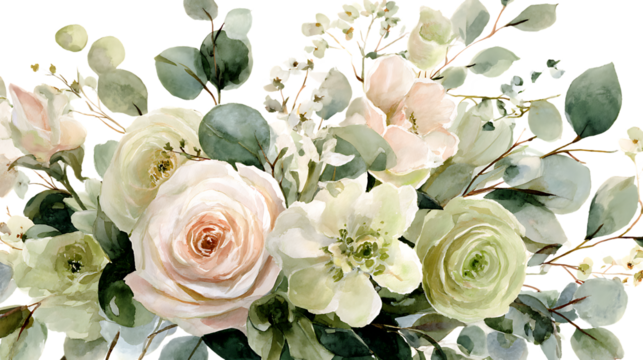 Soft pastel watercolor floral arrangement of roses and eucalyptus leaves isolated on transparent background - Powered by Adobe
