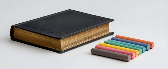 A bunch of colored chalk and a closed book rest on a white surface