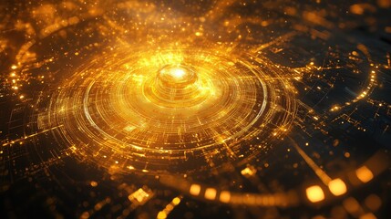 Golden concentric light rays generating digital energy flow