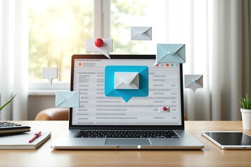 Laptop displays inbox emails; blue envelope icon floats above screen, symbolizing digital communication and productivity in a bright office setting.