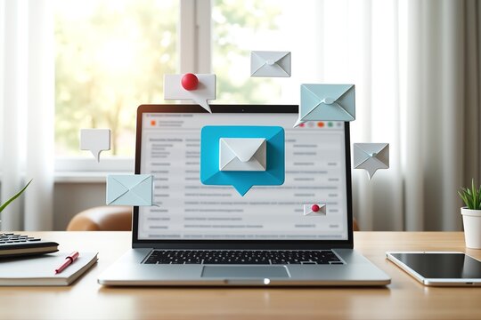 Laptop displays inbox emails; blue envelope icon floats above screen, symbolizing digital communication and productivity in a bright office setting.