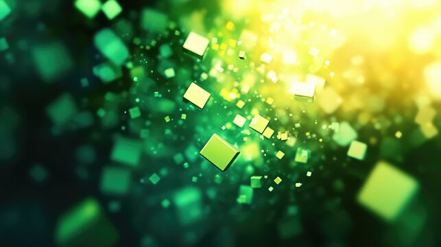 Abstract green yellow cubes floating light particles