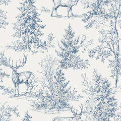 Winter Forest Reindeer Toile &ndash; Vintage Blue Christmas Seamless Pattern 26. Detailed vintage etching-style trees, branches, and woodland landscape create a classic holiday aesthetic perfect for fabric 
