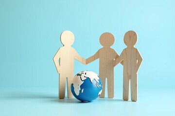 Three wooden figures unite around a globe, symbolizing global cooperation and unity in diverse human connections.