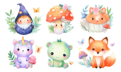 Fototapeta premium Whimsical Watercolor Characters with Mushrooms and Floral Accents Isolated Design