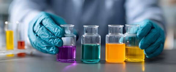 Gloved hands stirring vibrant chemicals in a lab environment