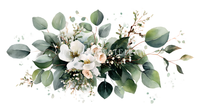 Elegant floral arrangement featuring delicate white and pink blossoms with lush green eucalyptus leaves isolated on transparent background