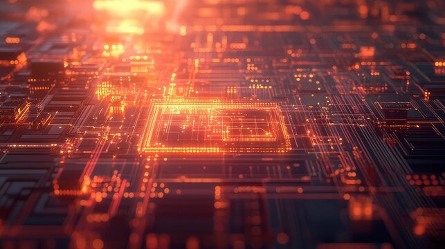 Glowing circuit board processing digital data in cyberspace