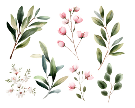 Delicate watercolor botanical illustrations of green leaves and pink blossoms isolated on transparent background - Powered by Adobe