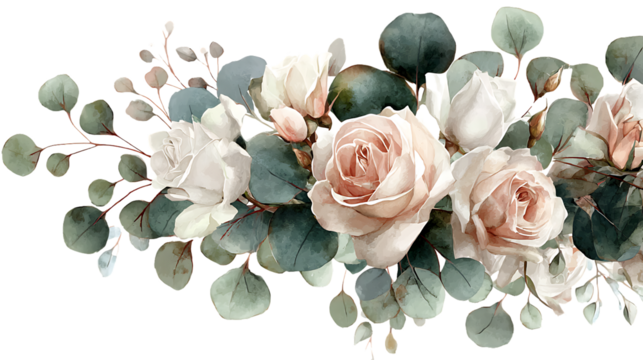 Delicate arrangement of pink and white roses with eucalyptus leaves isolated on transparent background