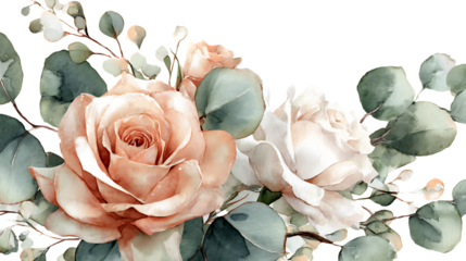 Elegant peach and cream roses with eucalyptus leaves isolated on transparent background