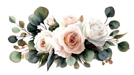 Elegant watercolor arrangement of delicate pink and white roses with eucalyptus leaves isolated on transparent background