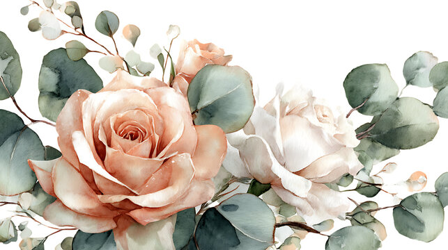 Elegant peach and cream roses with eucalyptus leaves isolated on transparent background