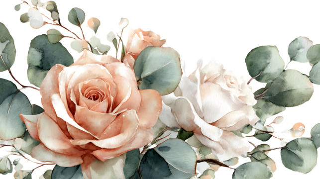 Elegant peach and cream roses with eucalyptus leaves isolated on transparent background