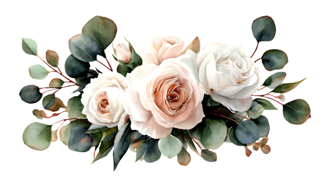 Elegant watercolor arrangement of delicate pink and white roses with eucalyptus leaves isolated on transparent background