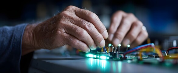 The hands are connecting wires and components to build an electrical circuit.