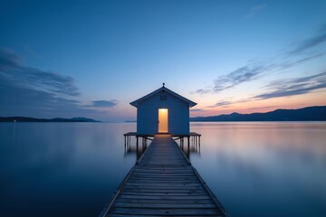 Dusk over calm sea, wooden pier leads to glowing cabin. Soft blues and warm light contrast serene horizons fading sunset glow.