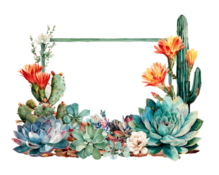 Vibrant desert succulent and cactus floral arrangement with orange blossoms isolated on transparent background