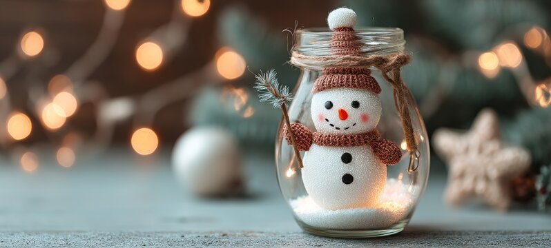 Transparent glass Christmas ornament on cozy living room table, snowman with carrot nose and black hat inside snowy village globe, warm bokeh lights, photorealistic, space for text