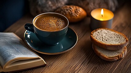 Coffee and Bread Reading Scene, Catering Design Element (Suitable for Coffee Ads, Life Scenarios, Visual Materials, etc.)